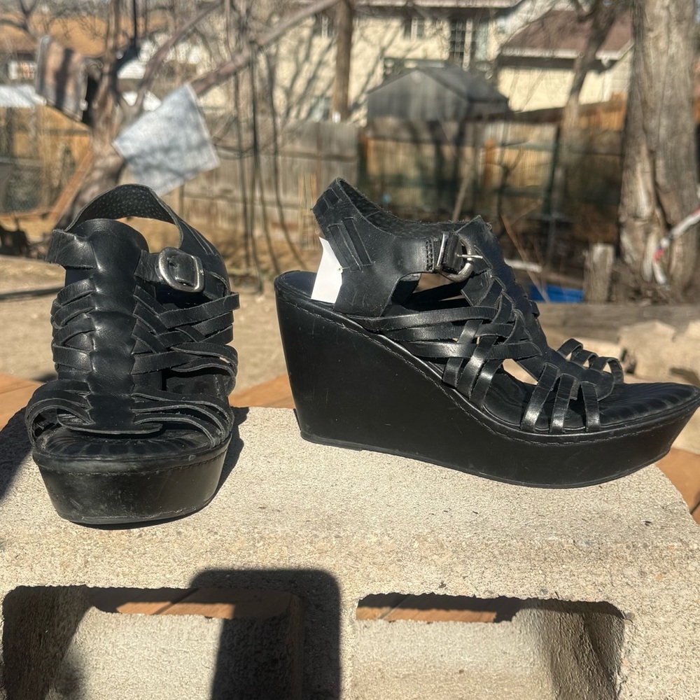 Born Neema Black Leather Strappy Gladiator Wedge Sandals - Picture 2 of 9